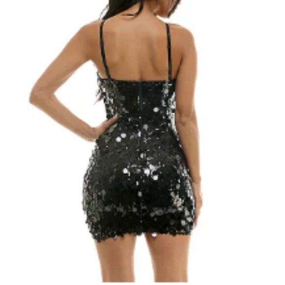 NWT Juniors' Invitée Black Sequin Strappy Fitted Mini Dress – Size M - Picture 2 of 11